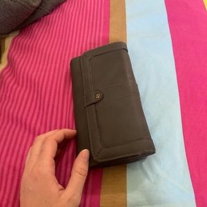 Grey wallet, silver clutch